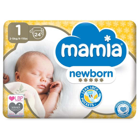 Mamia Newborn Nappies 24 Pack/Size 1 2-5kg/4-11lbs